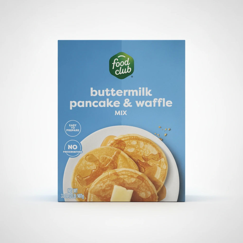 A high-resolution product photo of Food Club Buttermilk Pancake & Waffle Mix in a blue box with a green logo, featuring an image of pancakes with syrup and butter on a clean white background.