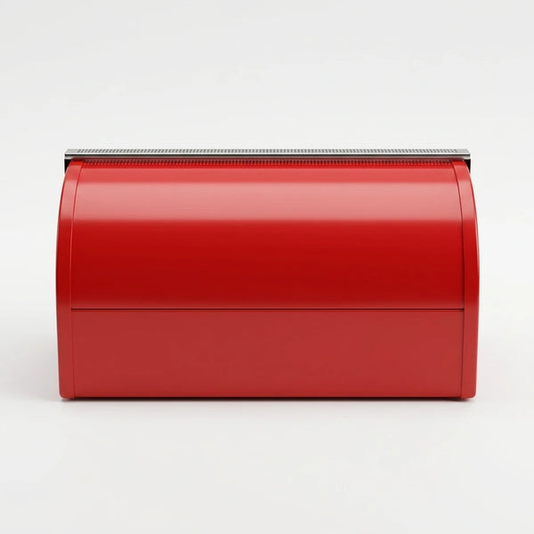 Side view of red bread box on wooden counter in store