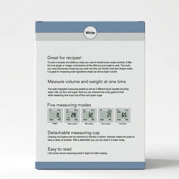 Enhanced Back of Kennedy Measuring Cup Scale box with features and instructions