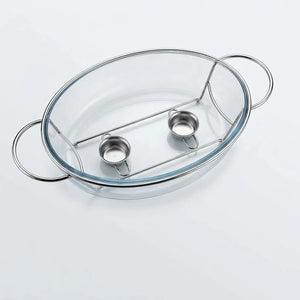 Enhanced Enhanced Glass chafing dish insert with handles and fuel holder slots