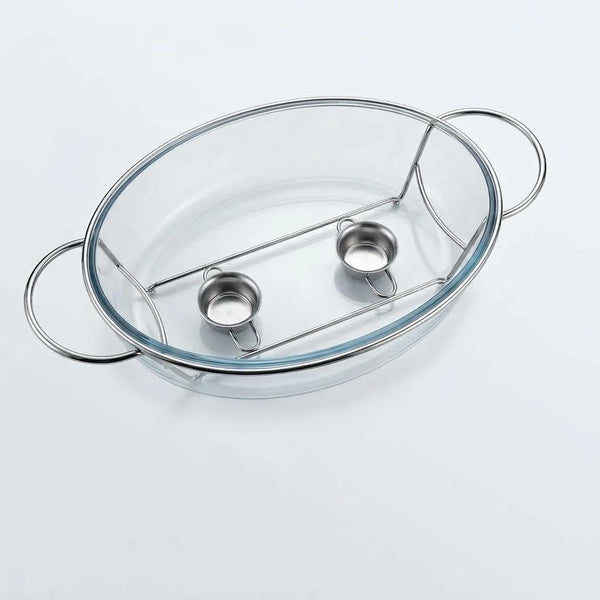 Enhanced Enhanced Glass chafing dish insert with handles and fuel holder slots