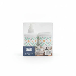 A Pacific Club 3-piece bath set with a geometric mint green and orange design, including a dispenser, toothbrush holder, and soap dish, presented in clear packaging on a clean white background.