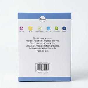 Enhanced Side view of Kennedy Measuring Cup Scale box with icons and specifications in Spanish