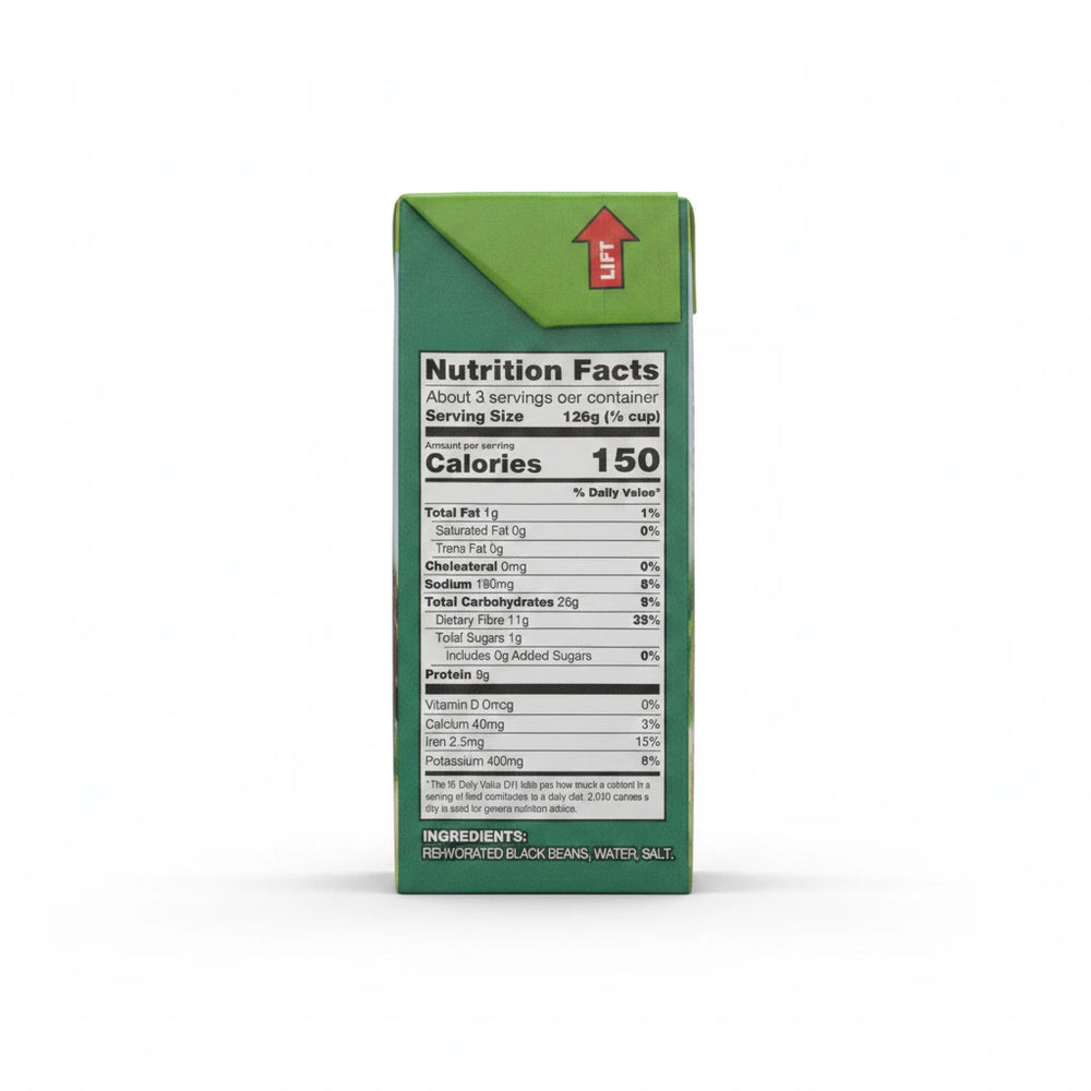 A high-resolution product photo of a 380g box of Swiss Black Beans, centered on a clean white studio background with soft lighting and shadow.