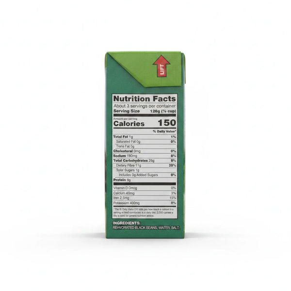 A polished retail e-commerce product photo of Swiss Black Beans - Fiber Rich Convenient Pack, centered on a clean white studio background with soft shadows.