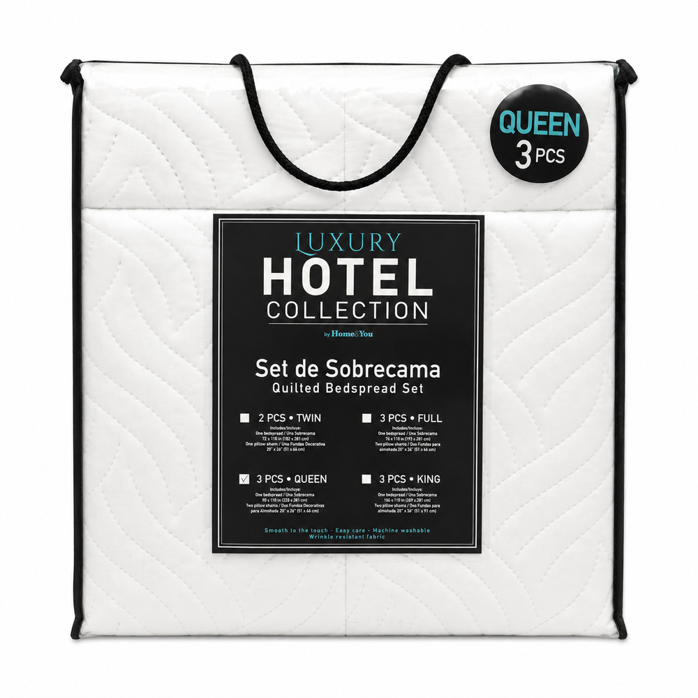 White Quilted Luxury Hotel Collection Bedspread Set- Queen Size