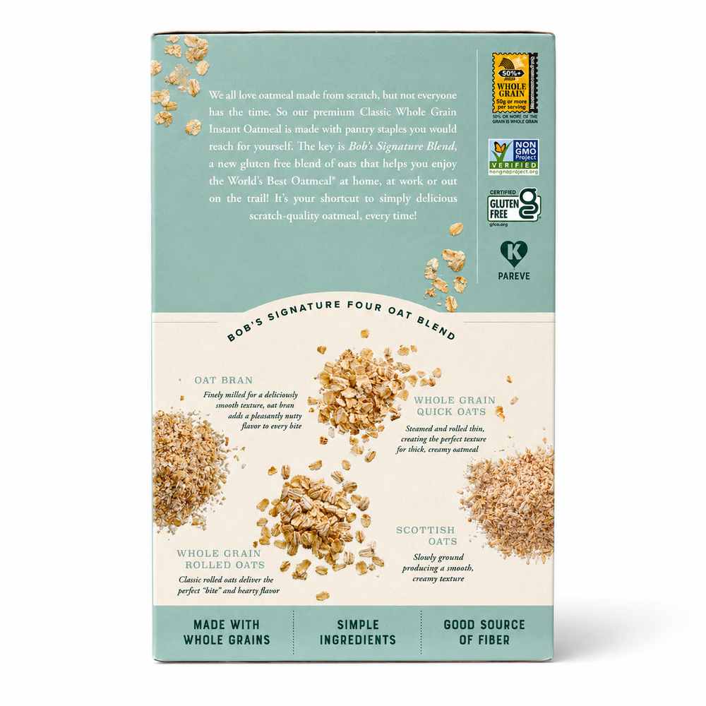 A box of Bob's Red Mill Gluten-Free Instant Oatmeal Classic, featuring a bowl of oatmeal with bananas and raspberries, on a clean white background.