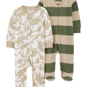 Baby 2-Pack Dino Striped Zip-Up Cotton Sleep & Play Pajamas NB
