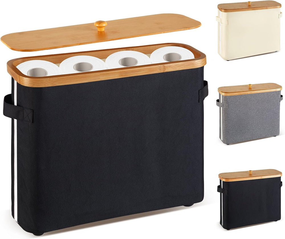 VVTHIP Bathroom Toilet Paper Storage Basket with Lid and Handle， Bamboo Collapsible Toilet Paper Holder Storage with Non-Slip Bottom ,Extra Toilet Roll Storage, Black