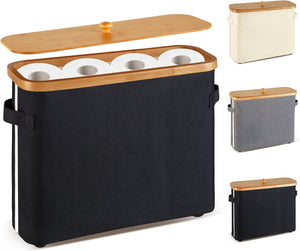 VVTHIP Bathroom Toilet Paper Storage Basket with Lid and Handle， Bamboo Collapsible Toilet Paper Holder Storage with Non-Slip Bottom ,Extra Toilet Roll Storage, Black