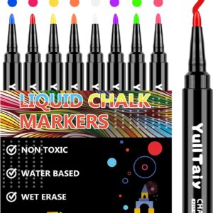 YullTaiy Chalk Markers - Fine Tip Wet Erase Markers, 8 Color Set for Chalkboard, Glass, Mirror