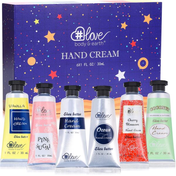 BODY & EARTH # LOVE Hand Cream Gift Set, Mothers Day Gifts for Mom, Moisturizing Hand Lotion Set with Natural Glycerin and Vitamin E, 6 Pcs Hand Lotion Gift Sets for Women Men, Birthday Gifts for Her - Blue