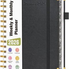 2026 Planner, Hardcover Leather Weekly and Monthly Planner, January 2026 - December 2026, Spiral Yearly Agenda Organizer Book 2026 with Tabs, Daily Calendar Planners for School Work Home, A5 (5.75" x 8.38"), Black