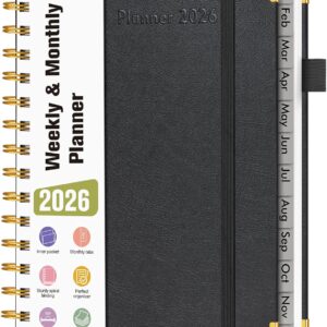 2026 Planner, Hardcover Leather Weekly and Monthly Planner, January 2026 - December 2026, Spiral Yearly Agenda Organizer Book 2026 with Tabs, Daily Calendar Planners for School Work Home, A5 (5.75" x 8.38"), Black