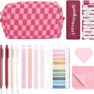 14 PCS Aesthetic Book Annotation Kit Large Checkered Pencil Case Book Lover Bookmark Dual Highlighters Gel Pens Study Supplies Stationary Set for Student Rose Red