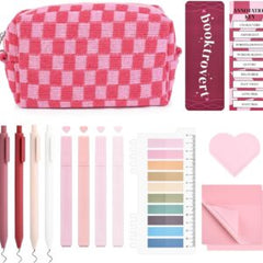 14 PCS Aesthetic Book Annotation Kit Large Checkered Pencil Case Book Lover Bookmark Dual Highlighters Gel Pens Study Supplies Stationary Set for Student Rose Red