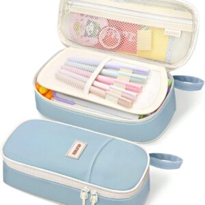 SUNEE Cute Pencil Case, Aesthetic Pen Pouch, Colored Large Pencil Bag with Zipper, Kawaii Stationery Storage and Organizer, School Supplies for Teen and Adult Girls, Blue