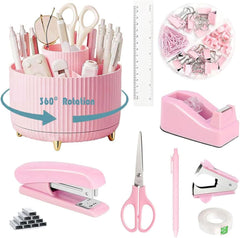 Gawsey Pink Desk Organizers and Accessories 10Pcs Set with 360-Degree Rotating Pen Holder, Tape Dispenser, Stapler, Staple Remover, 1000 Staples, Tape, Clips Set, Ruler, Scissor, Pen (Pink)