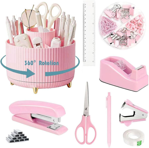 Gawsey Pink Desk Organizers and Accessories 10Pcs Set with 360-Degree Rotating Pen Holder, Tape Dispenser, Stapler, Staple Remover, 1000 Staples, Tape, Clips Set, Ruler, Scissor, Pen (Pink)