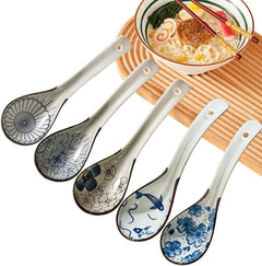 Raelitego 5pcs Asian Soup Spoon, Ceramic Chinese Soup Spoons, Deep Oval Hook Non-slip Japanese Spoons for Rice Ramen Pho Miso Soup Wonton Noodle, Luck and Prosperity Gifts for Friends Parents Family