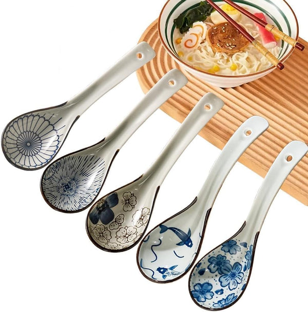 Raelitego 5pcs Asian Soup Spoon, Ceramic Chinese Soup Spoons, Deep Oval Hook Non-slip Japanese Spoons for Rice Ramen Pho Miso Soup Wonton Noodle, Luck and Prosperity Gifts for Friends Parents Family