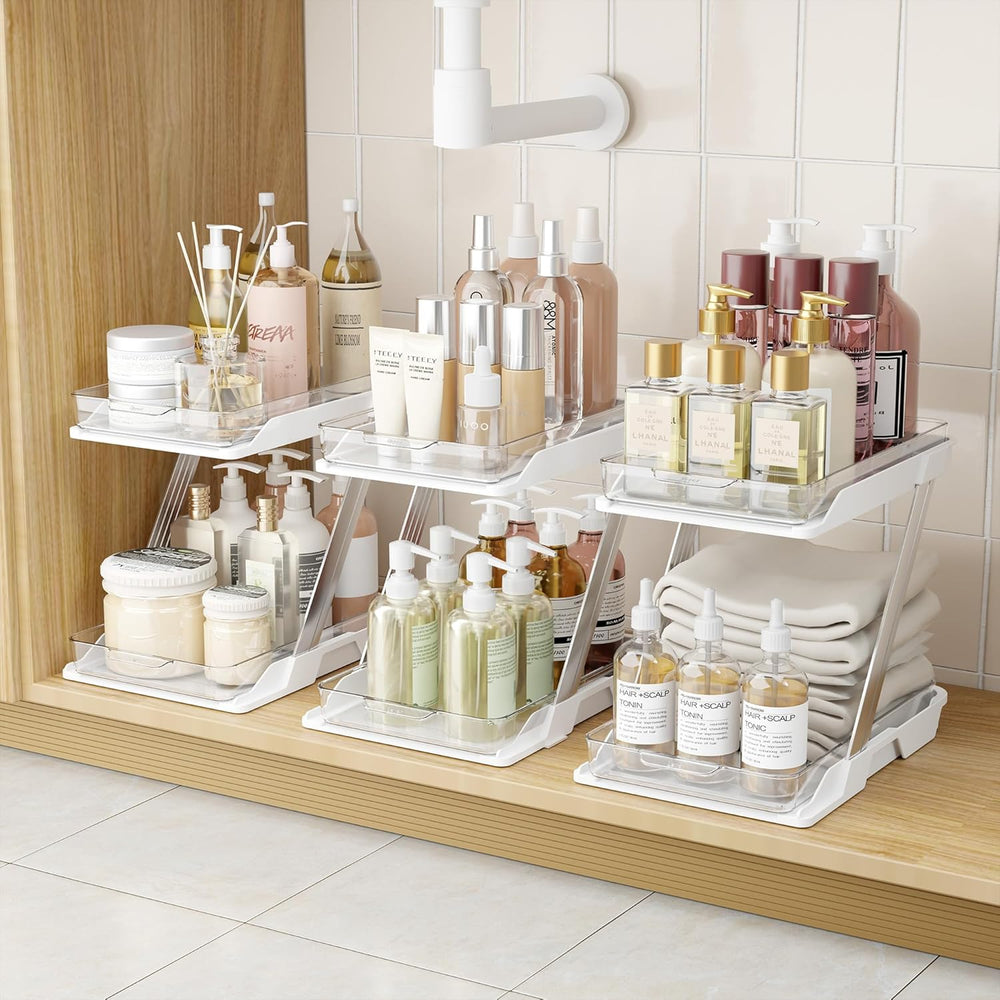 AUGBEAN 3 Pack Bathroom Organizers and Storage - Multi-Purpose,2-Tier Clear Pull Out Organization for Bathroom,Under Sink,Kitchen,Vanity,Countertop,Cabinet,Pantry & Medicine Cabinet,White