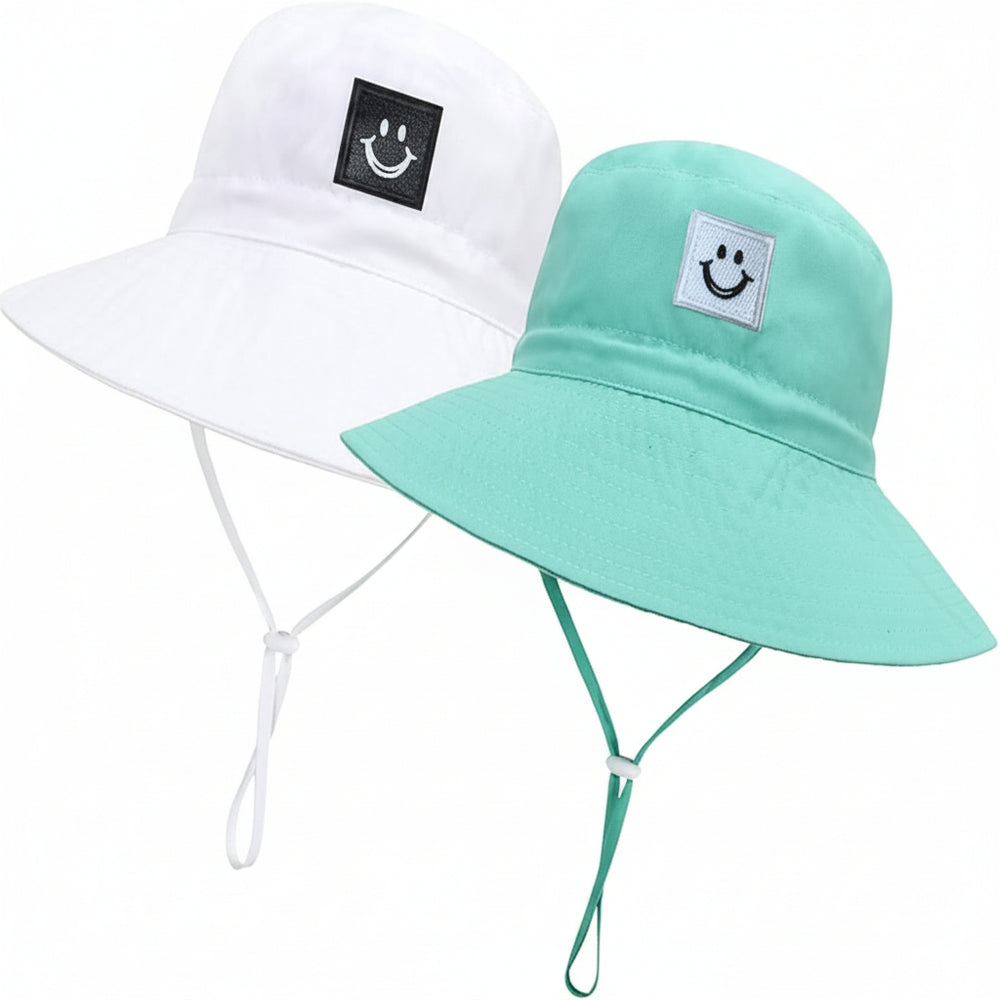 Baby Sun Hat Smiling Face UPF 50+ Beach Toddler Bucket Hat for Baby Boys and Girls, Toddler Kids Wide Brim Sun Hats Cap (US, Age, 6 Months, 24 Months, White+Blue)