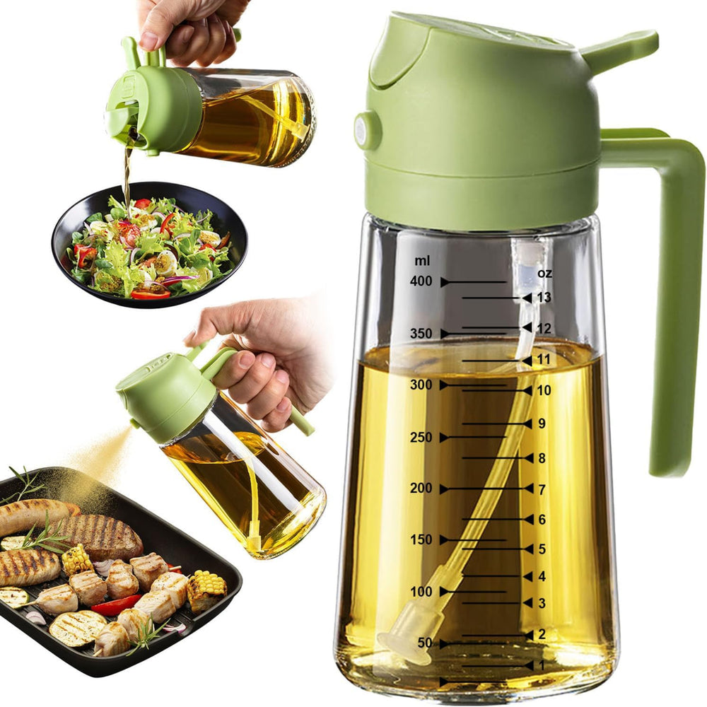 TrendPlain 16oz/470ml Glass Olive Oil Sprayer for Cooking – 2 in 1 Olive Oil Dispenser Bottle for Kitchen Gadgets and Air Fryer Accessories, Salad, BBQ - Green 16OZ/470ML