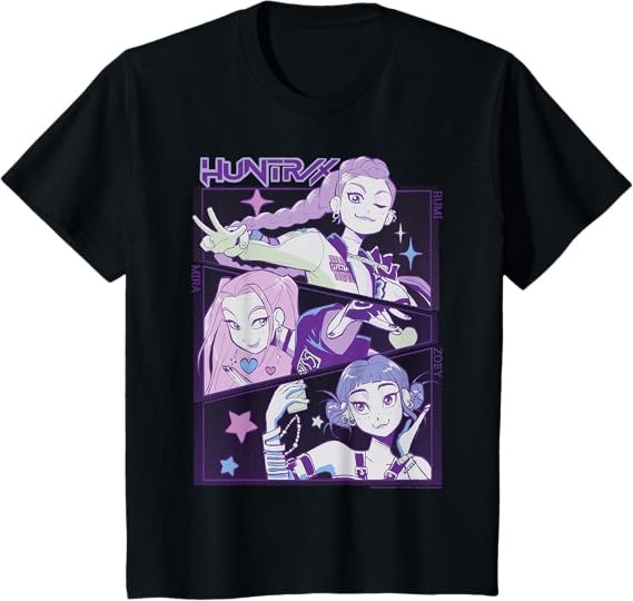 "Kpop Demon Hunters Halloween Huntrix Cute Animated Panels T-Shirt - Fit Type/Color/Size : Youth/Black/Small"