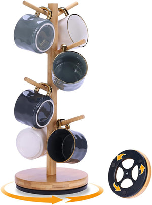 Krispmaild Mug Holder Tree, Upgraded 360° Rotated 8 Hooks Coffee Mug Holders for Counter, Bamboo Mug Rack Stand for Coffee Bar Accessories