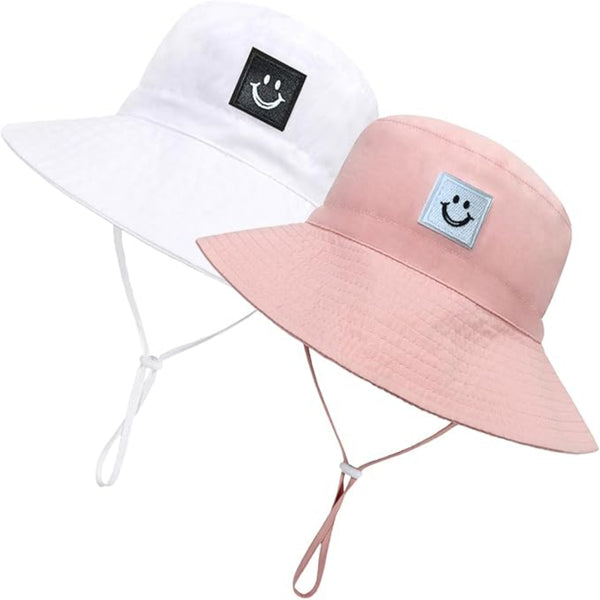 Baby Sun Hat Smiling Face UPF 50+ Beach Toddler Bucket Hat for Baby Boys and Girls, Toddler Kids Wide Brim Sun Hats Cap (US, Age, 2 Years, 6 Years, White+Pink)