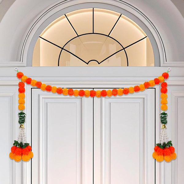 Diwali Marigold Garland with Bells Leaves for Home Decoration, Long Strands for Pooja Decoration Indian Wedding, Artificial Marigold Flowers Hanging for All Year Decoration
