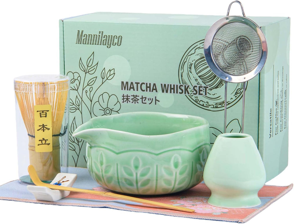 Matcha Whisk Bowl Set, 7PCS Japanese Matcha Kit with Spout Bowl (Green), Bamboo Whisk with Stand, Scoop, Sifter, Matcha Accessories for Tea Ceremony, Matcha Latte, Gifts for Family, Friends