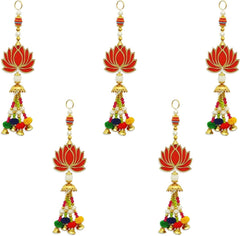 Set of 5 Lotus & Hangings Latkan for Diwali Home Decoration Wall Hangings for Temple Pooja Room Decoration Items | Lotus Back Dropper showpiece for Decor Ganpati, Navratri, Wedding - Red