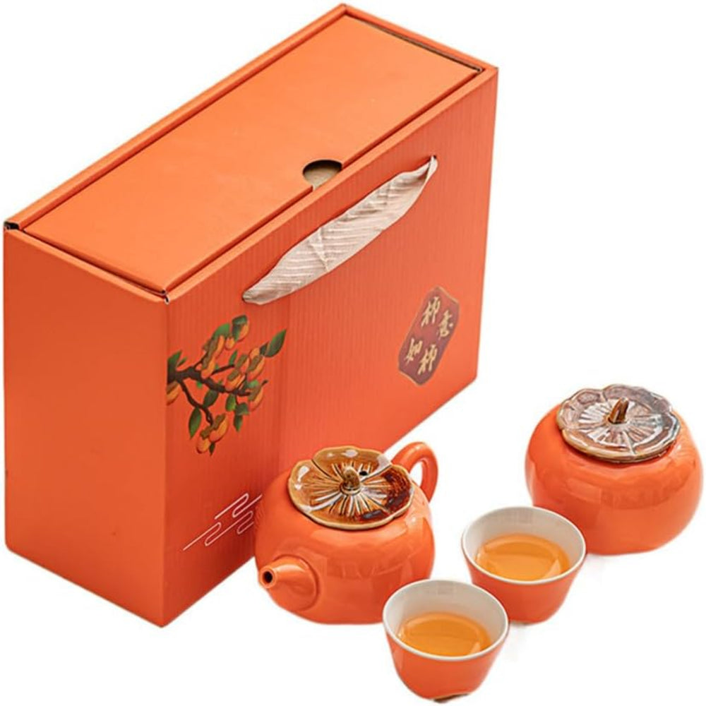 ZPGXLRZ Portable Gongfu Ceramic Tea Set - Beautiful Persimmon-Shaped Chinese Tea Set with Teapot, Tea Can & 2 Cups, Gift Boxed