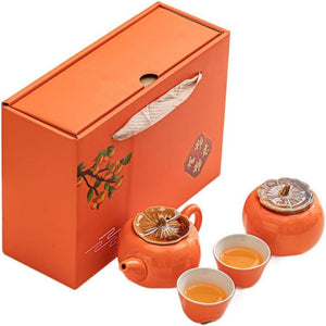 ZPGXLRZ Portable Gongfu Ceramic Tea Set - Beautiful Persimmon-Shaped Chinese Tea Set with Teapot, Tea Can & 2 Cups, Gift Boxed