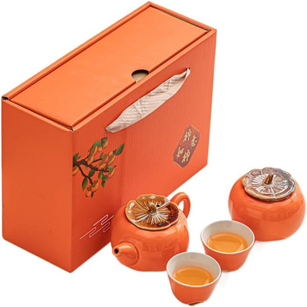 ZPGXLRZ Portable Gongfu Ceramic Tea Set - Beautiful Persimmon-Shaped Chinese Tea Set with Teapot, Tea Can & 2 Cups, Gift Boxed