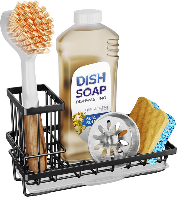 SWTYMIKI Sink Caddy Sponge Holder - Kitchen Sink Organizer with High Brush Holder for Countertop to Hold Dish Soaps and Sponges, Stainless Steel, Black