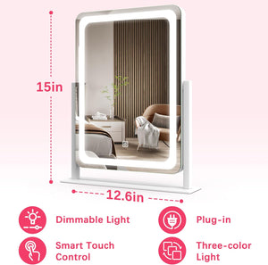 ROLOVE Vanity Mirror with Lights, 12.6"×15" LED Makeup Mirror, Lighted Makeup Mirror with Lights, Smart Touch Control Dimmable 3 Modes Light, Lighted Up Mirror for Makeup Desk, Bedroom, Dressing Room