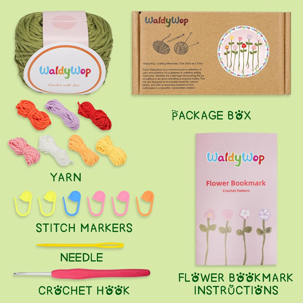 WaldyWop Crochet Kit for Beginners - 8 Flower Bookmarks Knitting Kit w/Step-by-Step Video Tutorials & Soft Yarn, Hook - Wobbles DIY Art Craft Kit for Adults, Birthday Gifts for Women Teen