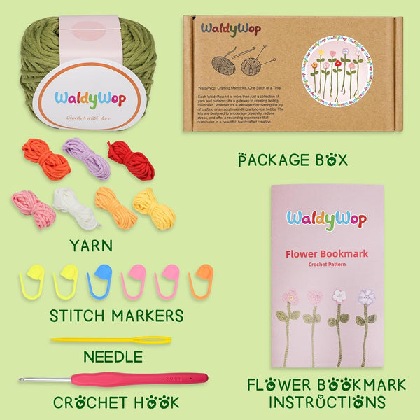 WaldyWop Crochet Kit for Beginners - 8 Flower Bookmarks Knitting Kit w/Step-by-Step Video Tutorials & Soft Yarn, Hook - Wobbles DIY Art Craft Kit for Adults, Birthday Gifts for Women Teen