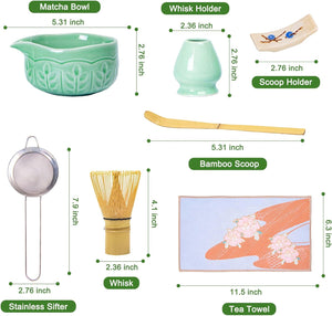 Matcha Whisk Bowl Set, 7PCS Japanese Matcha Kit with Spout Bowl (Green), Bamboo Whisk with Stand, Scoop, Sifter, Matcha Accessories for Tea Ceremony, Matcha Latte, Gifts for Family, Friends
