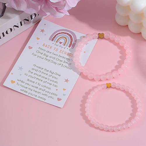 UYY Back to School Bracelets Heart Matching Mommy and Me Elastic Wish Strings Bead Bracelets First Day of School Supplies Gifts (Pink)