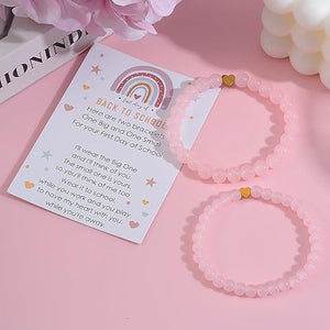 UYY Back to School Bracelets Heart Matching Mommy and Me Elastic Wish Strings Bead Bracelets First Day of School Supplies Gifts (Pink)