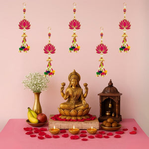 Set of 5 Lotus & Hangings Latkan for Diwali Home Decoration Wall Hangings for Temple Pooja Room Decoration Items | Lotus Back Dropper showpiece for Decor Ganpati, Navratri, Wedding - Red