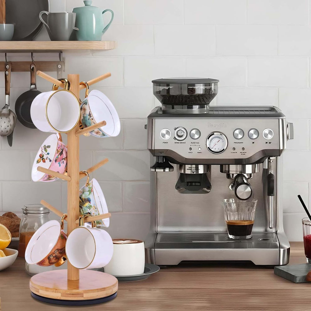 Krispmaild Mug Holder Tree, Upgraded 360° Rotated 8 Hooks Coffee Mug Holders for Counter, Bamboo Mug Rack Stand for Coffee Bar Accessories