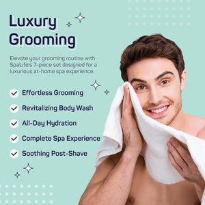 SpaLife 7-Piece Men's Body Care Gift Set | Mens Gift Set with 2-in-1 Shampoo & Conditioner, Body Wash, Moisturizer, Post-Shave Lotion, Sponge & Foot Stone | Christmas Gifts for Men | 7-Piece Bundle