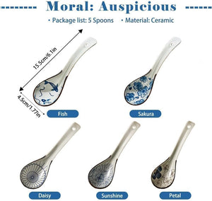Raelitego 5pcs Asian Soup Spoon, Ceramic Chinese Soup Spoons, Deep Oval Hook Non-slip Japanese Spoons for Rice Ramen Pho Miso Soup Wonton Noodle, Luck and Prosperity Gifts for Friends Parents Family