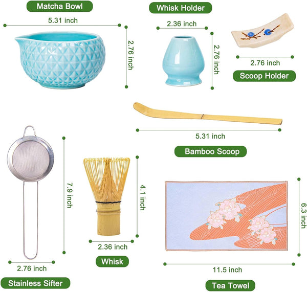 Matcha Whisk Bowl Set, 7PCS All-in-One Japanese Tea Set Includes Matcha Bowl with Spout, Bamboo Whisk (Chasen) with Stand, Scoop, Sifter, Complete Kit for Ceremony, Gift for Matcha Tea Lovers(Blue)