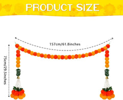 Diwali Marigold Garland with Bells Leaves for Home Decoration, Long Strands for Pooja Decoration Indian Wedding, Artificial Marigold Flowers Hanging for All Year Decoration